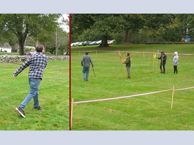 October 14, 2023. Cory Atkinson of the CT State Historical 
                                       Preservation Office (SHPO) showing proper atlatl throwing technique 
                                       (left) and some of the students at atlatl practice (right).
