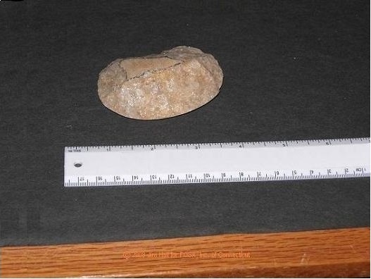 This oblong pebble shows the initial step in manufacturing a projectile point, which has been outlined for clarity.